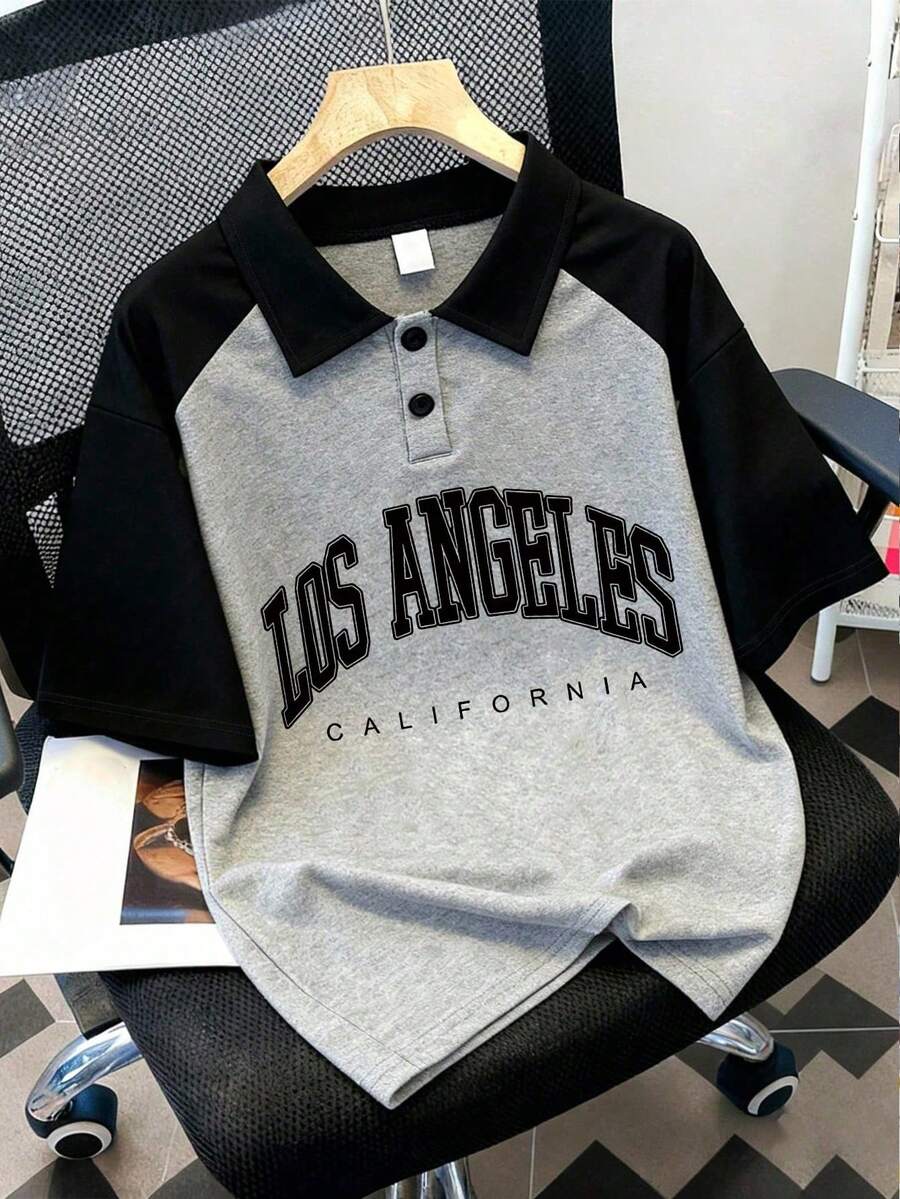 Camisa Polo con Estampado de Letras Vintage Americano y Manga Raglán, Adecuada para Primavera y Verano, Estilo para Niños - Gris - Ver 1