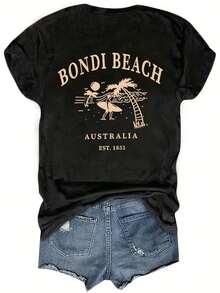 Bondi Women's Surf And Beach Graphic T-Shirt - Retro Black And Gold Surf Print With Kangaroo And Surfboards, Casual Short Sleeve Crew Neck T-Shirt For Surfing, Beachwear And Everyday Wear (Loose Fit) Y2k T-Shirt Shirt - 黑色 - 查看 4