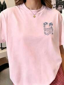 Women's Palm Tree Print Casual Round Neck Short Sleeve T-Shirt, Vacation/Resort WearPrinted Round Neck Short Sleeve Women's Tee - Daily Casual, Sports - 粉色 - 查看 2