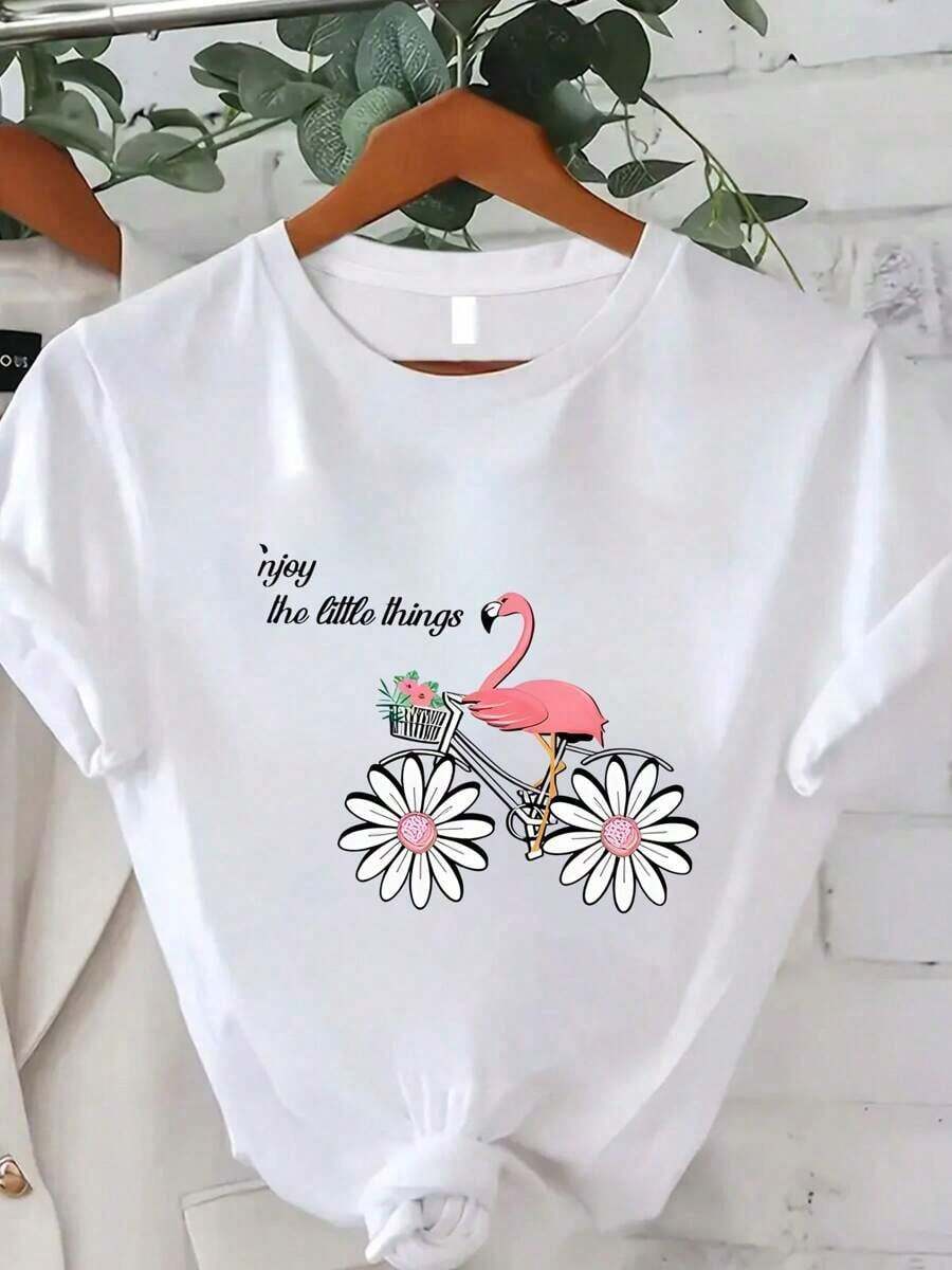 Camisetas de mujer con estampado de flamencos, moda de verano para mujer, casual, cómoda, suave, atlética, para fitness, uso diario al aire libre, transpirable, de manga corta y cuello redondo. - Blanco - Ver 1