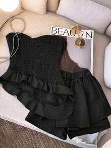 Conjunto de 2 piezas de top elegante con volantes asimétricos en el bajo y pantalones para mujer - Negro - Ver 7