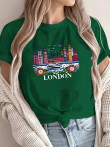 Camiseta gráfica Wo'S London Cityscape - Camiseta casual de manga corta con cuello redondo y diseño de Big Ben y río, para usar en todas las estaciones, atuendo informal. |   Diseño de Paisajes Urbanos |   Ajuste cómodo, moda londinense para el verano - Verde - Ver 1
