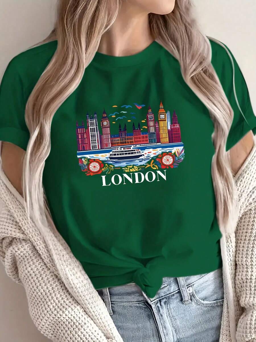 Camiseta gráfica Wo'S London Cityscape - Camiseta casual de manga corta con cuello redondo y diseño de Big Ben y río, para usar en todas las estaciones, atuendo informal. | Diseño de Paisajes Urbanos | Ajuste cómodo, moda londinense para el verano - Verde - Ver 1