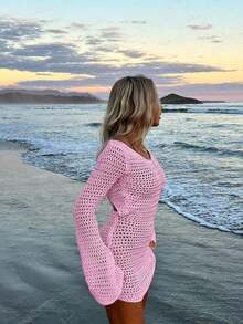Vestido corto de punto transparente con espalda descubierta y diseño calado, para playa y vacaciones, de unicolor y manga larga, para primavera/verano - Rosa Pálido - Ver 7