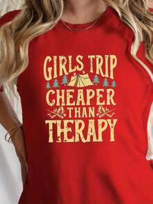 Short-Sleeve Travel Print Crew Neck T-Shirt For Girls, Casual Short-Sleeve Top For Spring/Summer, Women's Clothing. Crew Neck, 100% Cotton, Soft Fabric, Short Sleeves, Breathable And Cool. - 紅色的 - 查看 6