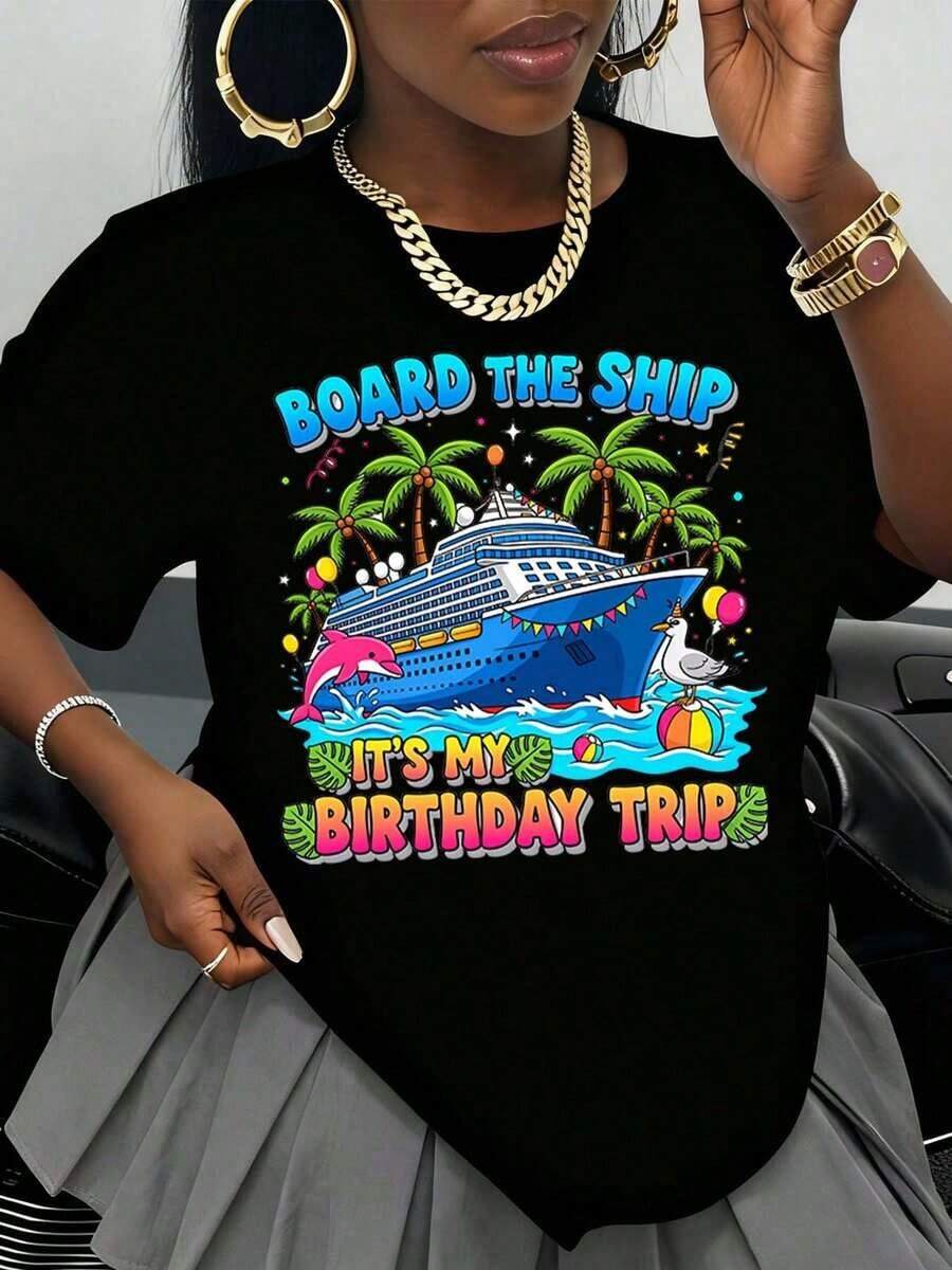 Women's Crew Neck T-Shirt With A Palm Tree, Dolphin, And Seagull Print. This Festival-Themed Cruise Graphic Design Is Casual And Fashionable, Soft And Comfortable, And Perfect For Vacations, Celebrations, Parties, Or As A Gift. Breathable And Comfortable. - 黑色 - 查看 1