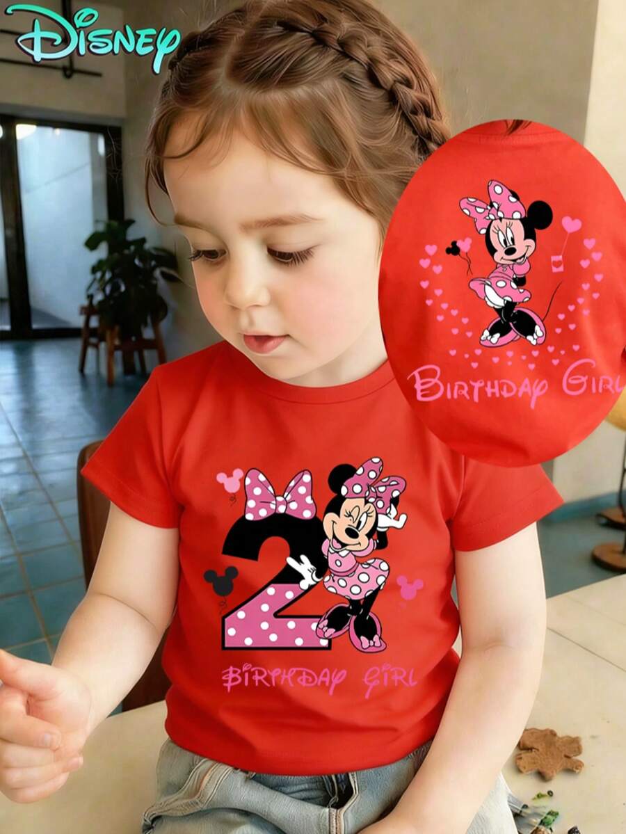 Disney Minnie Mouse Birthday Girl T-Shirt, Girls 6 Months-3 Years Short Sleeve Tee, Pink Polka Dot Minnie & Heart Print, Casual Party Outfit, Express Delivery - Đỏ - Xem 1
