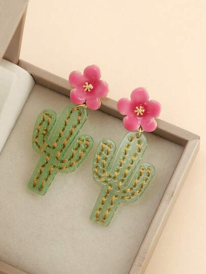 1 Pair Minimalist Cute Pink Blooming Cactus Dangle Earrings, Green Tone Earrings For Women, Suitable For Daily, Date, Party