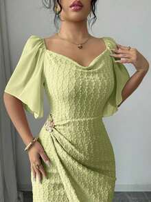 Vestido elegante ajustado con cuello de volantes, mangas de pétalos y hebilla metálica de bloque de color para mujer, primavera/verano - Verde pastel - Ver 5