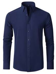 Gentleman'sTailor Korean Style Slim Fit Elastic Long Sleeve Business Casual Shirt - 藏青長袖 - 查看 2