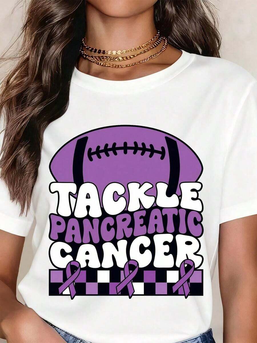 Camiseta Blanca Vintage con Diseño de Cinta de Fútbol para Concientizar sobre el Cáncer de Pancreas en el Mes de la Concientización - Blanco - Ver 1
