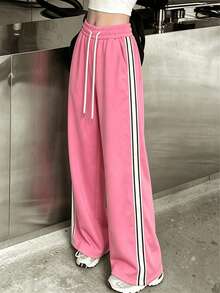 Pantalones largos con cordón y rayas laterales para mujer - Rosado Sandía - Ver 6