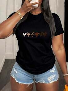 Camiseta de Manga Corta para Mujer en con Estampado de Corazones Multicolor Ideal para Ocasiones Casuales y Verano - Negro - Ver 4