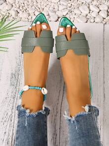 Ximi Ruo New Spring/Summer Fashion Casual Strap Slide Sandals, Comfortable Flat Heel Round Toe Beach Slippers, Versatile Minimalist Slip-On Sandals For Women - Green - View 5