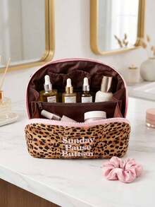 Leopard Print Women's Travel Makeup Bag, Portable Waterproof Cosmetic Storage Box, Leopard Contrast Color Makeup Organizer Bag, Can Be Laid Flat To Open, Suitable For Toiletries And Makeup Brushes - Multicolor - View 2