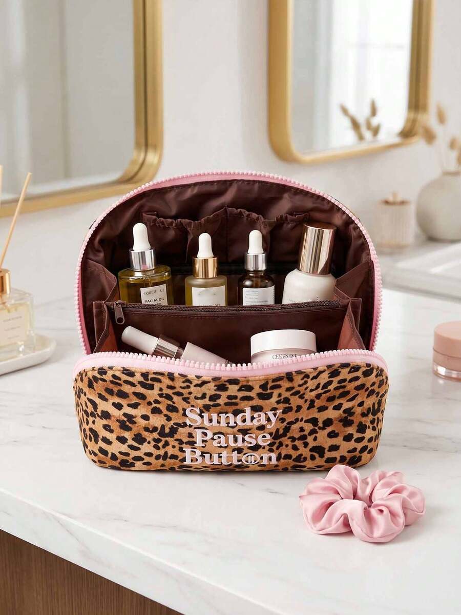 Leopard Print Women's Travel Makeup Bag, Portable Waterproof Cosmetic Storage Box, Leopard Contrast Color Makeup Organizer Bag, Can Be Laid Flat To Open, Suitable For Toiletries And Makeup Brushes