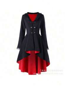 Vintage Long Trench Coat With Irregular Hem, Tuxedo Style, Multicolored, Multiple Sizes, Women's Clothing - Black With Red Background - View 1