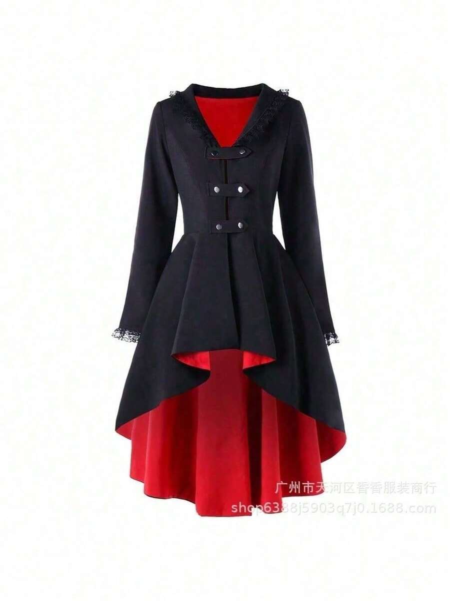 Vintage Long Trench Coat With Irregular Hem, Tuxedo Style, Multicolored, Multiple Sizes, Women's Clothing - Black With Red Background - View 1