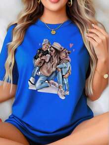 Women's Modern Minimalist Cotton T-Shirt With Cartoon Print Of Mom And Son/Daughter, Thick Cotton T-Shirt For Women (PC) Casual For Everyday Wear - 藍色 - 查看 6