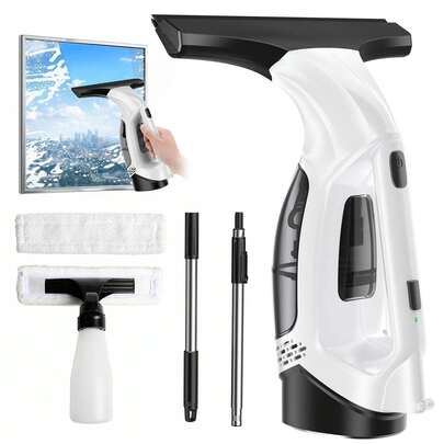 Cordless Window Vacuum Squeegee With Extension Pole, Electric Window Cleaner With Water Collection Tank, Portable Cleaning Kit For Glass Doors, Windows, Mirrors And Car