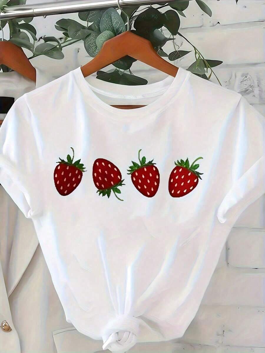 Gift: Women's Lightweight Graphic Tees, Short-Sleeved, Casual Style, With A Red Strawberry Print, Crew Neck, Comfortable For Everyday Wear In All Seasons, Cute Blouse, Casual Short-Sleeved Top With A Crew Neck, Soft And Breathable Knit Fabric, Machine Washable, Comfortable Everyday Wear Suitable For Spring, Summer, Autumn And Winter, 100% Cotton, A Popular Choice. Soft - 白色的 - 查看 1