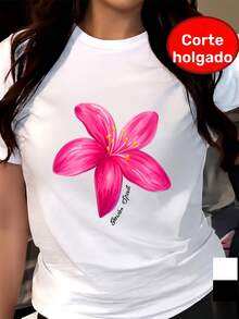 Garden Soul, Camiseta de Manga Corta con Estampado Floral, Cuello Redondo, Top Casual de Primavera Verano, Ropa de Mujer Talla Grande - Blanco - Ver 6