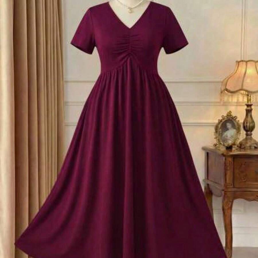 Rometta Elegant Casual V-Neck Pleated Design Short Sleeve Knit Plus Size Women Dress, New Arrival - Rojo violeta - Ver 1
