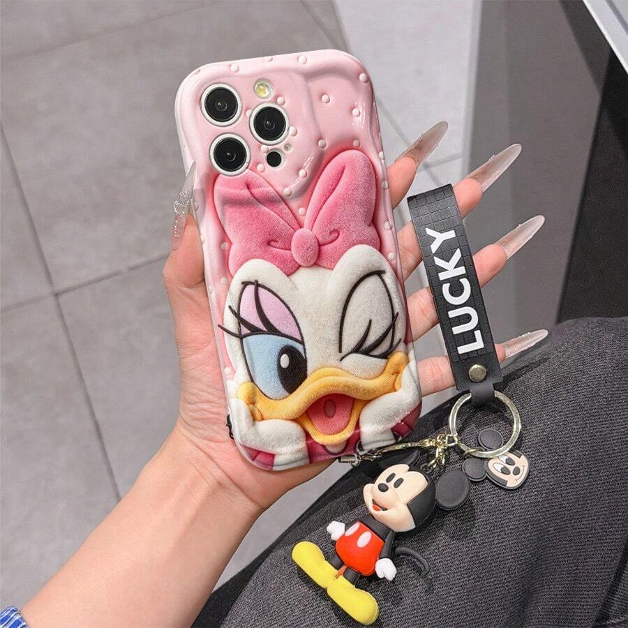 Disney Mickey Mouse Clubhouse Phone Case : 3D Fluffy Pattern Border Protector Phone Soft Phone Case With A Free Cute Mickey Bracelet Chain Lanyard, Mickey, Minnie, Goofy, Donald Duck, Daisy Duck, Pluto, For Apple 17 Promax 17 Pro 16 15 14 13 12 11 Pro Max XS Max X XR Soft Cover Summer Phone Case - 白色 - 查看 1