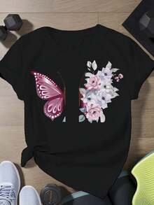 Camisetas Gráficas para Mujer, 100% Algodón, Estampado de Mariposas y Flores Rosadas - Corte Holgado, Ligera, Transpirable, Ideal para Verano, con Ligera Elasticidad para Correr, Actividades al Aire Libre y Regalos de Vacaciones, Ropa Casual| Camiseta de Corte Holgado| Confección de punto 100% algodón - Negro - Ver 1