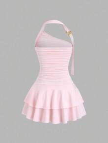 Nuevo diseño de vestido mini para mujer con falda en forma de pastel, cuello halter, y ribete metálico en espiral que estiliza la silueta - Rosa - Ver 2