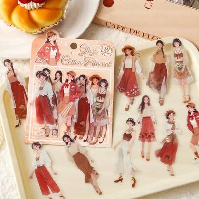 6pcs Vintage Fashion Girl Decorative Sticker Set, Waterproof Removable Stickers Suitable For Diary, Notebook, Scrapbook, DIY Crafts