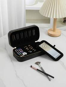Large Capacity PU Leather Jewelry Box, Women's Striped Travel Jewelry Case, Double-Layer Portable Mini Travel Box, Can Store Earrings, Rings, Necklaces And Bracelets, Also Suitable For Storing Girls' Hair Accessories, Ideal Gift For Bridesmaids, Christmas, Mother's Day, Back To School - Multicolor - View 13