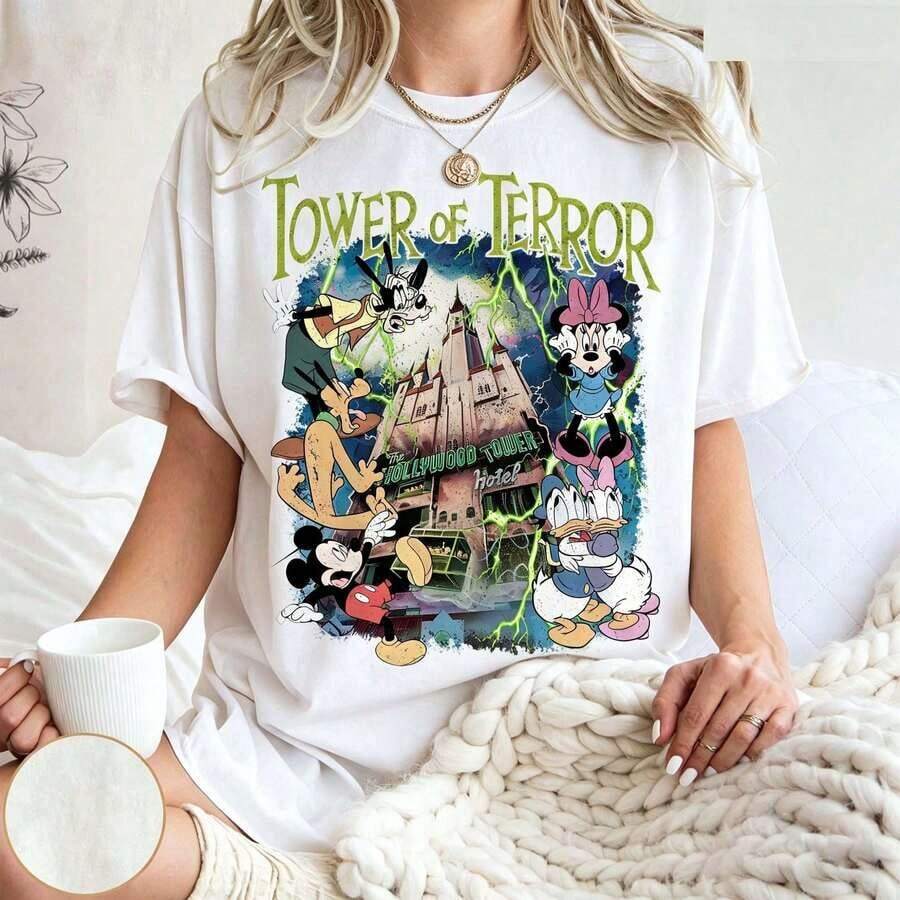 Disney Tower Of Terror Shirt, Vintage Mickey Mouse Tower Tee, Twilight Zone Disney Ride T-Shirt, Spooky Disney Outfit - 白色 - 查看 1