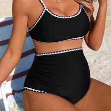 Swim Vcay Conjunto de traje de baño de maternidad casual de vacaciones de verano con diente de tiburón en contraste de color negro, 26SS - Azul - Ver 2
