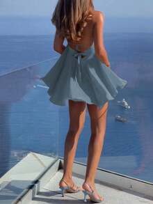 Spring/Summer New Women's Sexy Deep V Spaghetti Strap Backless Loose Fit A-Line Layered Ruffle Hem Mini Dress, Lightweight & Breathable Polyester Fabric, Vacation & Streetwear & Tropical - Gray Blue - View 3