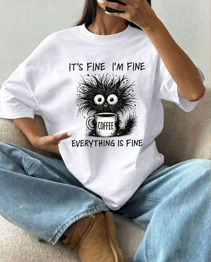 Camiseta de manga corta con cuello redondo y estampado de eslogan simple para mujer, estilo casual de verano, corte holgado, ideal para uso diario y vacaciones.Camiseta de Mujer - Ligera - Blanco - Ver 1