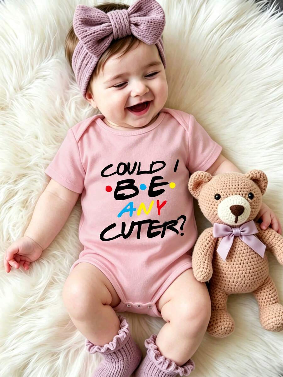 Baby Girl Slogan Graphic Round Neck Short Sleeve Casual Romper - Pink - View 1