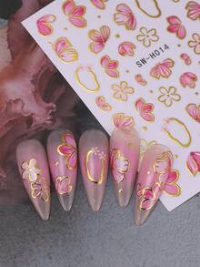 2pcs Pink Petal 3D Nail Stickers, Elegant Floral Gold Trim Geometric Pattern Nail Art Decals, Suitable For Acrylic Nails DIY, Spring Nail Decoration Accessories - Multicolor - View 9