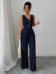 Elenzya Nuevo conjunto de traje formal de mujer a rayas azul marino y blanco, diseño de cintura ceñida y línea A, elegante chaleco sin mangas a rayas para el viaje diario, estilo callejero francés vintage para negocios. Adecuado para verano, Día de la Independencia, graduación y temporada de vuelta al colegio. El atuendo de otoño para mujer presenta decoración de botones metálicos, sofisticado y elegante, adecuado para la oficina, el viaje, el estilo callejero, lo francés romántico, lo casual, lo vintage de Oriente Medio, el té de la tarde, las fiestas, Acción de Gracias y la primavera/verano. - Azul - Ver 5
