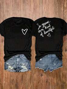 [Entrega Local]Playera Para Mujer Camiseta de Mujer con Estampado "Be Your Own Kind Of Beautiful" en la Parte Delantera y Trasera, Top Casual de Manga Corta, Ropa de Mujer - Negro - Ver 7