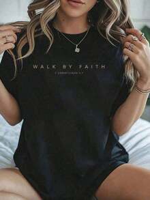 100% Cotton T-Shirt With The Inscription "Walk By Faith" And A Christian Bible Verse (Pattern On The Front And Back) - Summer Top For Women - Black - View 7