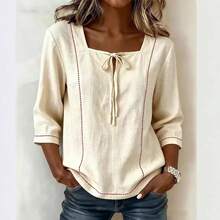 2026 Women's Casual Square Neck And Lace-Up Shirt, Mid-Length Sleeves, Women's Short-Sleeved Casual Shirt, Women's Short-Sleeved Sports Shirt. - White - View 2