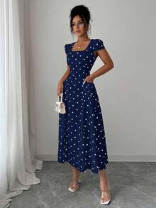 Vestido largo con cuello cuadrado, mangas cortas, cintura fruncida y estampado de lunares elegante para mujer - Azul marino - Ver 3