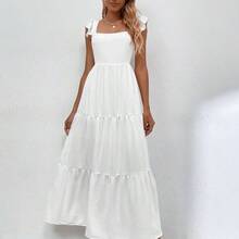Solid Shirred Detail Ruffle Hem Dress Maxi Vacation Beach Outfits Women - Blanco - Ver 2