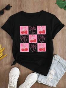 YOCASA Camiseta Casual de Verano para Mujer, con Cuello Redondo, Ajustada y Manga Corta, con Estampado de Pintura al Óleo, Floral, Corazón, Cereza y Patrones de Letras. Tejido Casual Simple, Estilo Deportivo, Ideal para Uso Diario y un Citas de San Valentín. - Negro - Ver 2