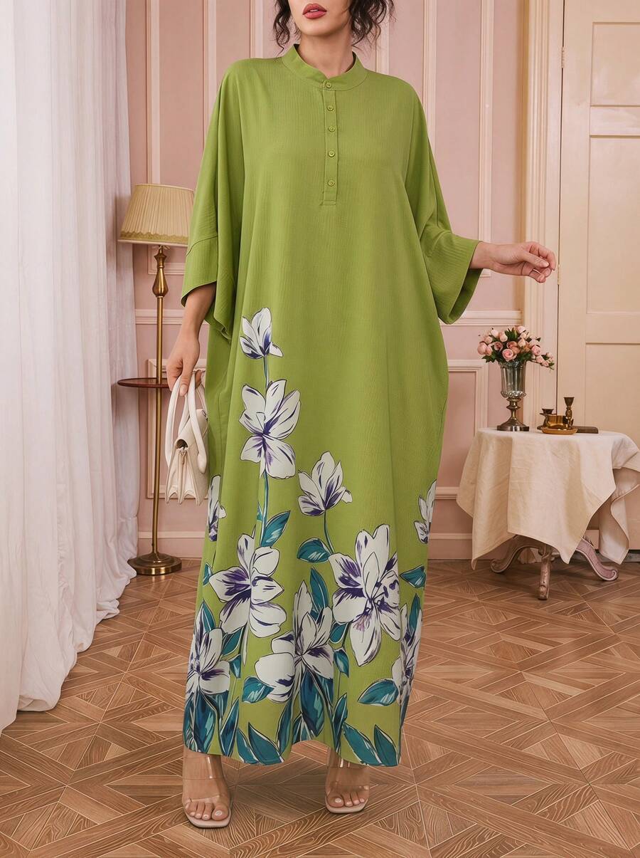 Solessence 女士宽松阿拉伯长袍连衣裙，绿色印花，立领，单排扣，插肩袖，休闲长裙，优雅阿拉伯长袍，奢华假日晚礼服（春季款）