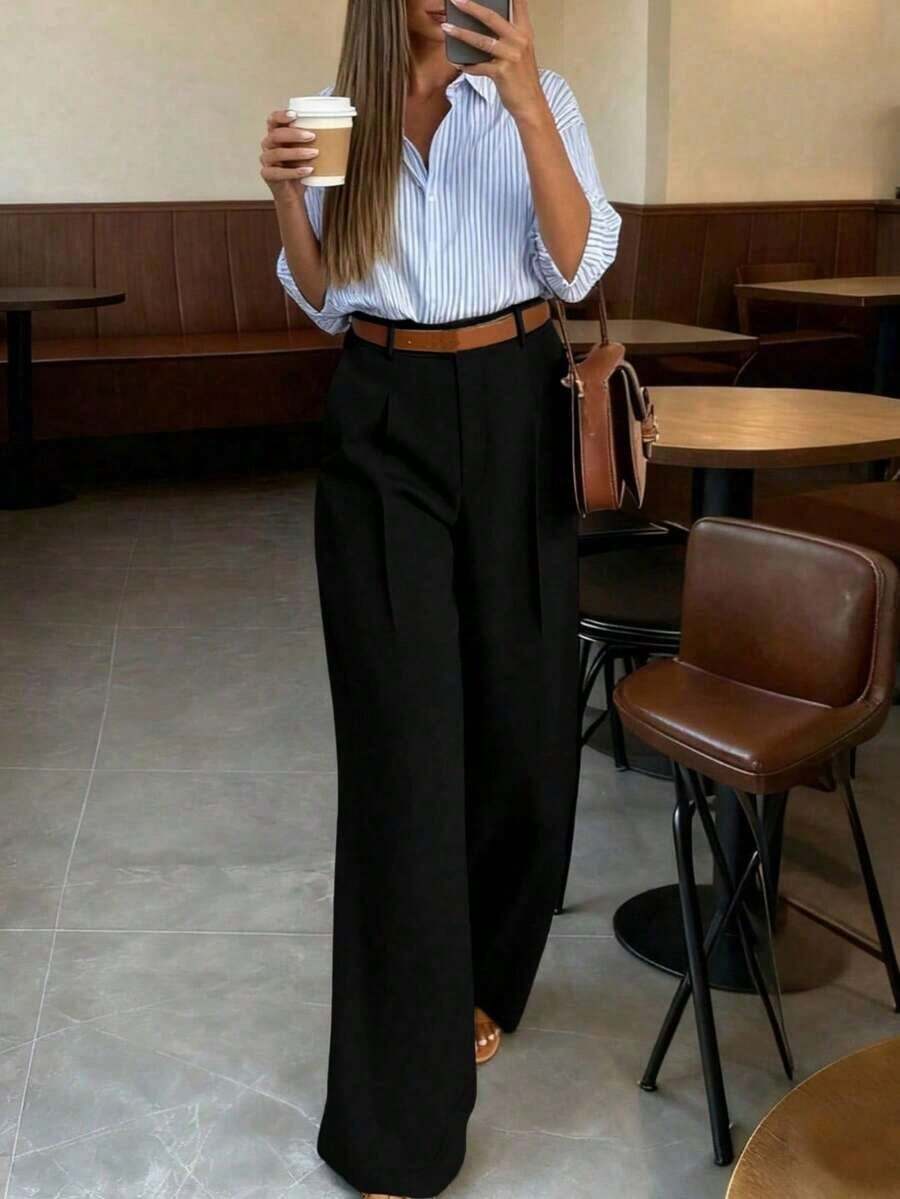 Pantalones de traje de mujer de cintura alta vintage, corte holgado, efecto drapeado, adecuados para otoño, apropiados para uso en la oficina en primavera - Negro - Ver 1