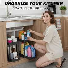 Organizador negro para debajo del fregadero (paquete de 2), estante de almacenamiento extensible con 16 ganchos, organizador multifuncional para cocina y baño. - Ver 5