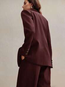 Conjunto de traje de mujer, blazer de unicolor estilo vintage + pantalones rectos, 2 piezas - Burdeos 2 - Ver 2