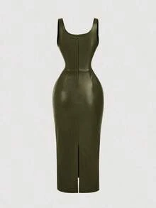Women's Solid Color Sleeveless Fitted PU Dress, Suitable For Commuting - Verde Oliva - Ver 2
